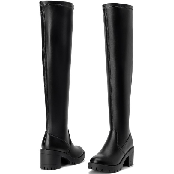 Black Block Heel Platform Over The Knee Boots - Picture 2 of 5